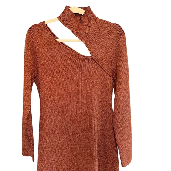 Cult Gaia | AW22 Jet Lurex Metallic Knit Cut Out Long Sleeve Dress Rust Brown XL - Picture 4 of 8